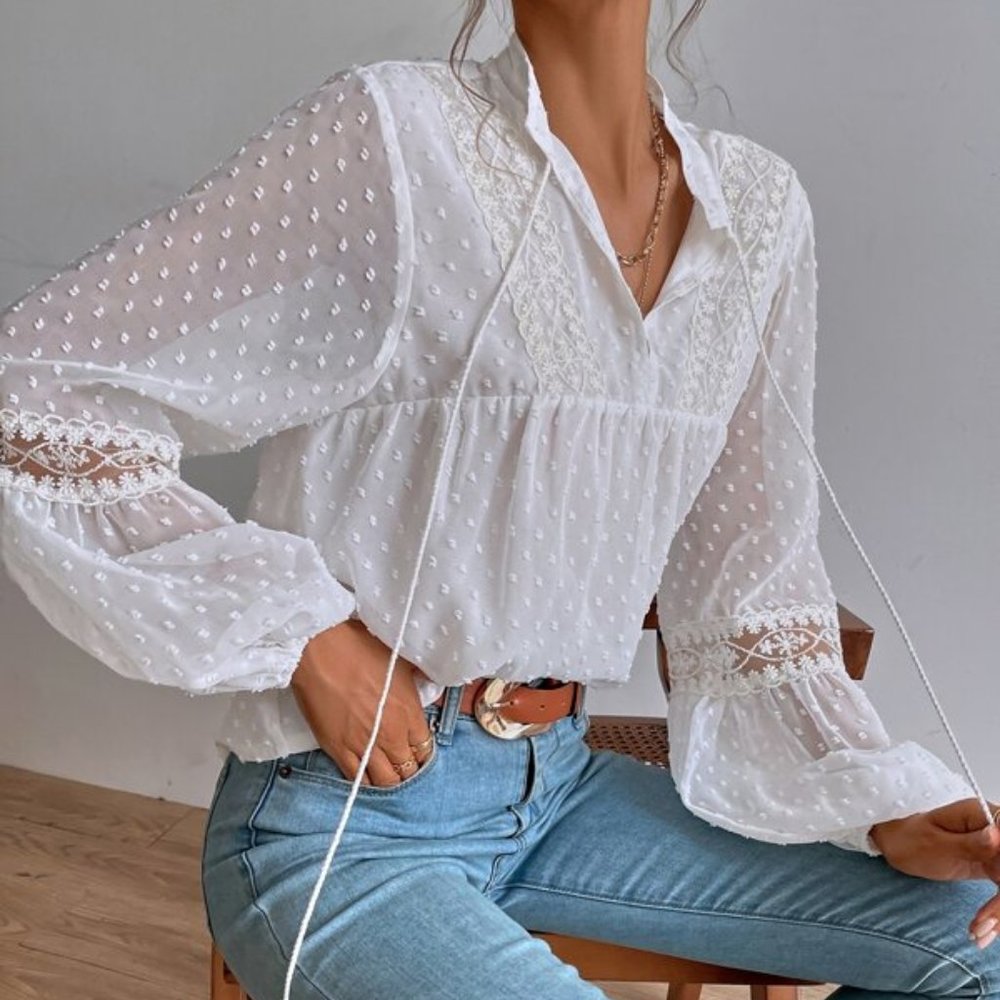 Swiss Dot Embroidery Mesh Lantern Sleeve  Blouse - Picture 2 of 6